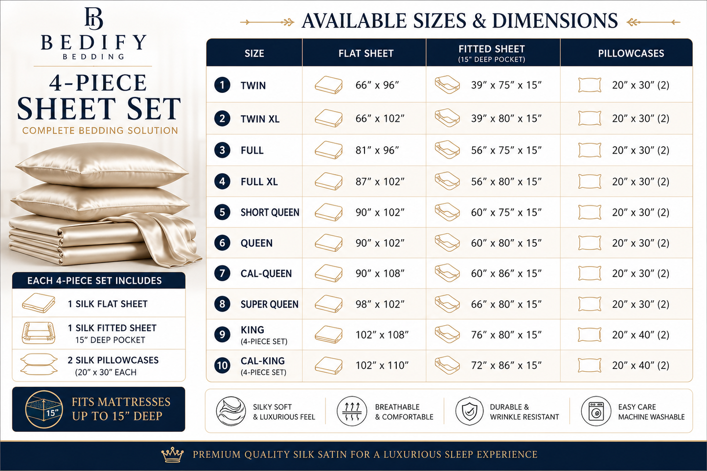 Bedify Bedding Silk Satin Sheet Set